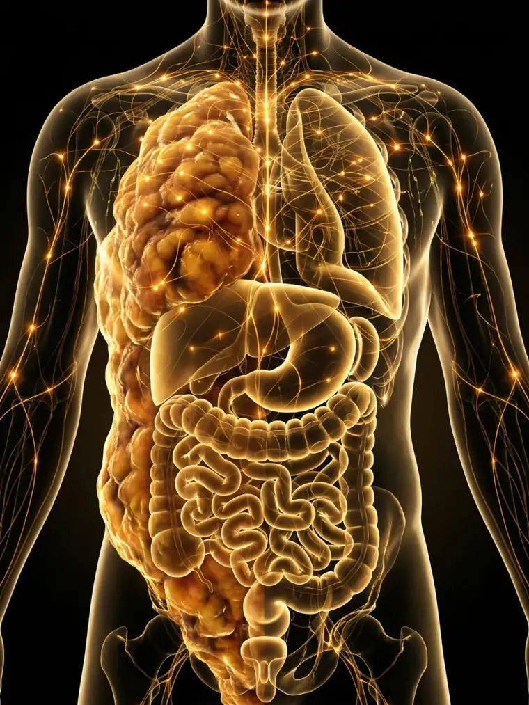 An anatomical illustration of the torso showing visceral fat surrounding the abdominal organs