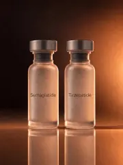 Two frosted Trellis compounded vials labeled Semaglutide and Tirzepatide