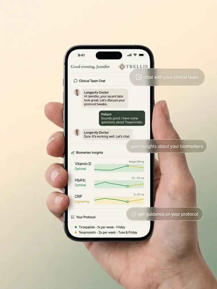 The Trellis app showing a clinical team chat, biomarker trends, and a weekly protocol schedule
