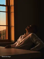 An executive in confident stillness at a warm-lit desk at dawn, sharp and recovered