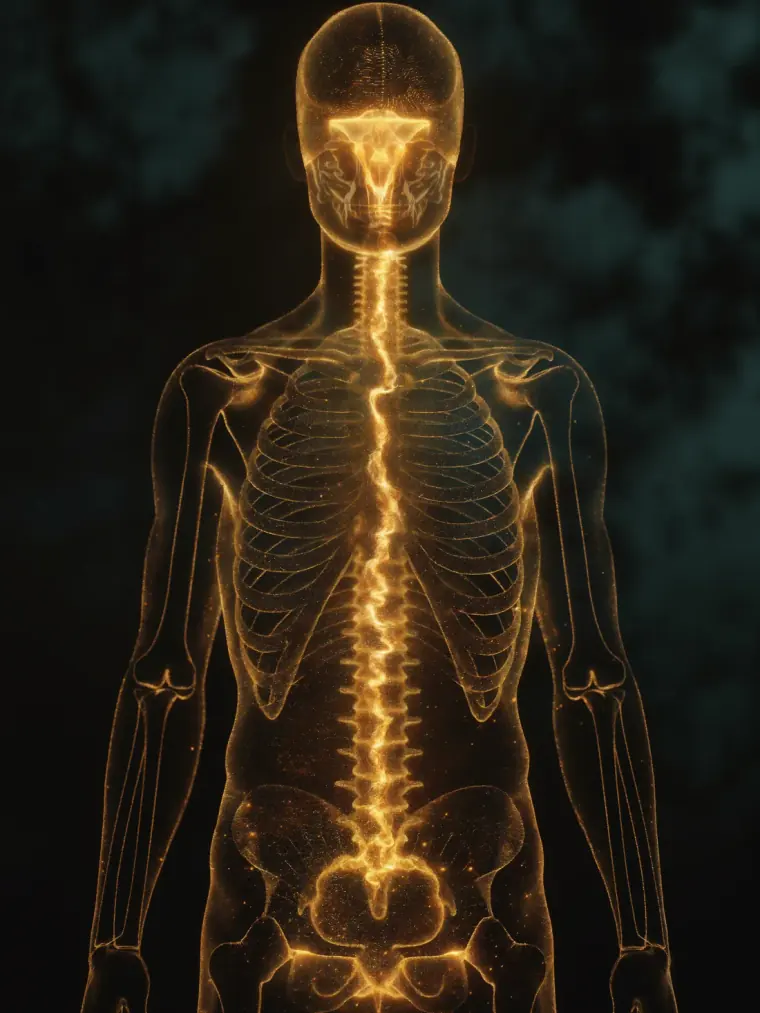A gold pituitary releasing a growth-hormone pulse rippling down the body's axis
