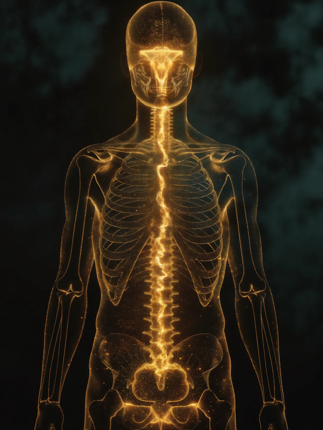 A gold pituitary releasing a growth-hormone pulse rippling down the body's axis